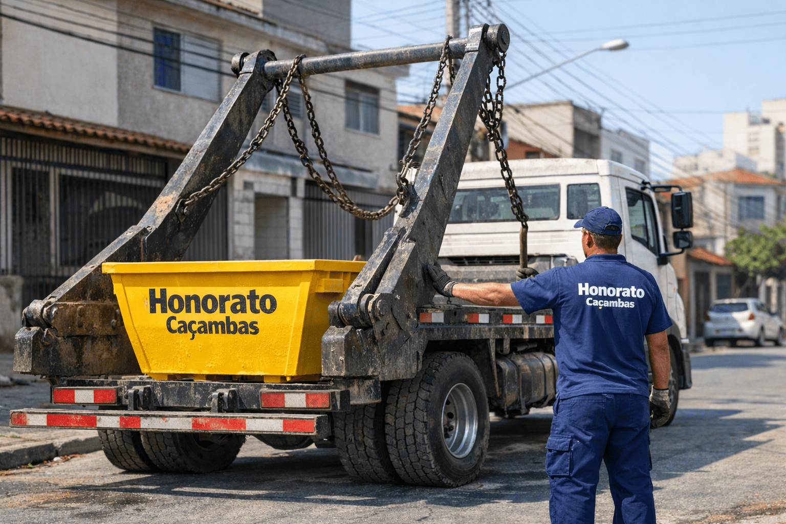 Caminhão da Honorato Caçambas realizando entrega em São Paulo - equipe uniformizada em operação